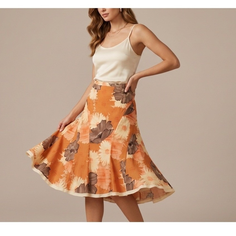 Paniz Women Midi Skirt Orange Floral A-Line Brown Daisy Paneled Flare Size 12